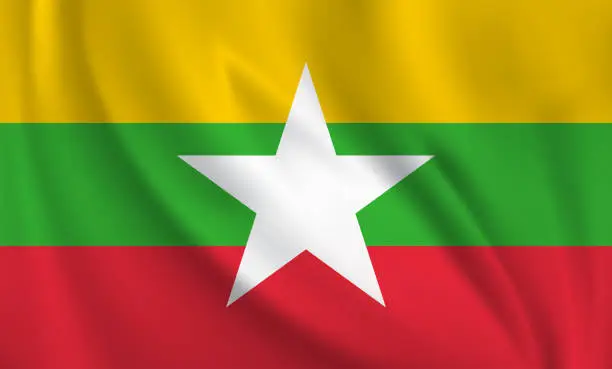 Vector illustration of Waving flag of Myanmar blowing in the wind. Full page flying flag
