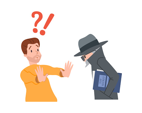 Man refuses to give information to spy. Industrial espionage and non-disclosure information concept, flat vector illustration isolated on white background.