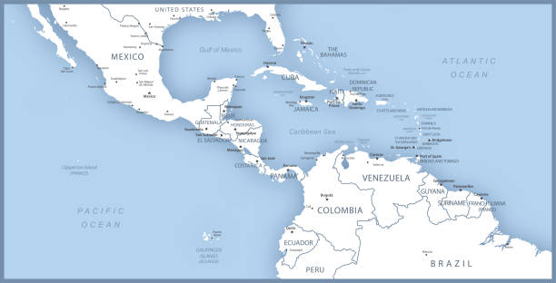 ilustraciones, imágenes clip art, dibujos animados e iconos de stock de mapa de américa central con nombres de países, capitales y ciudades. - caribbean sea