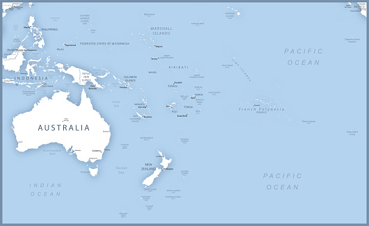 Map of Australia and Oceania with names of countries, capitals and cities. Vector illustration