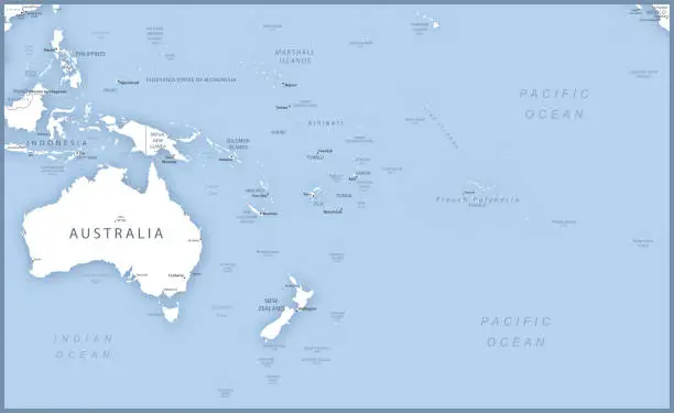 Vector illustration of Map of Australia and Oceania with names of countries, capitals and cities.