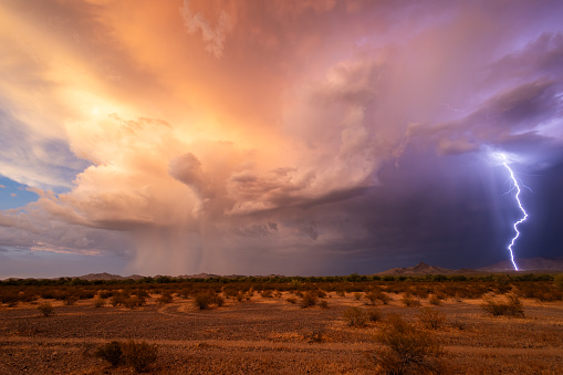 Just at the moment of sunset, an intense lightning bolt lands northeast of the Sonoran Desert National Monument. The structure of the cloud to the left reflects the orange hues of the setting sun.