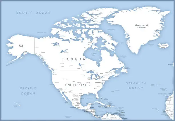 Vector illustration of Map of North America with names of countries, capitals and cities.
