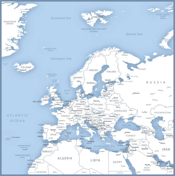 Map of Europe with names of countries, capitals and cities. Map of Europe with names of countries, capitals and cities. Vector illustration norway continent stock illustrations
