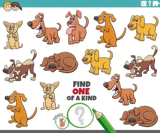Vector illustration of one of a kind game with funny cartoon dogs