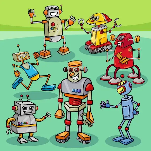 Vector illustration of cartoon happy robots and droids characters group