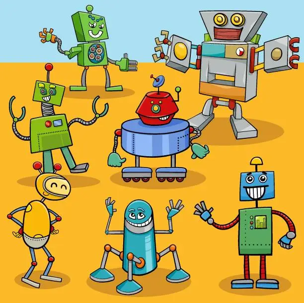 Vector illustration of cartoon funny robots and droids characters group