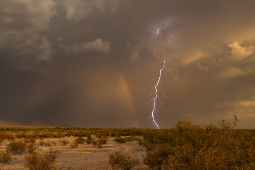 Monsoon storms drop lightning bolts next to a rainbow over the Sonoran Desert landscape in mid-July 2023.  A scrub-laden foreground leads the eye to the horizon where the bolt lands.