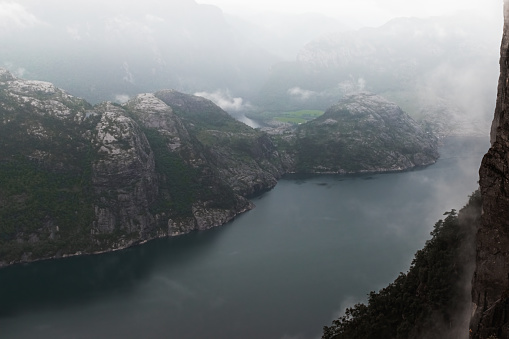 Drone photo of moody Preikestolen area and Lysefjorden fjord  in South Norway