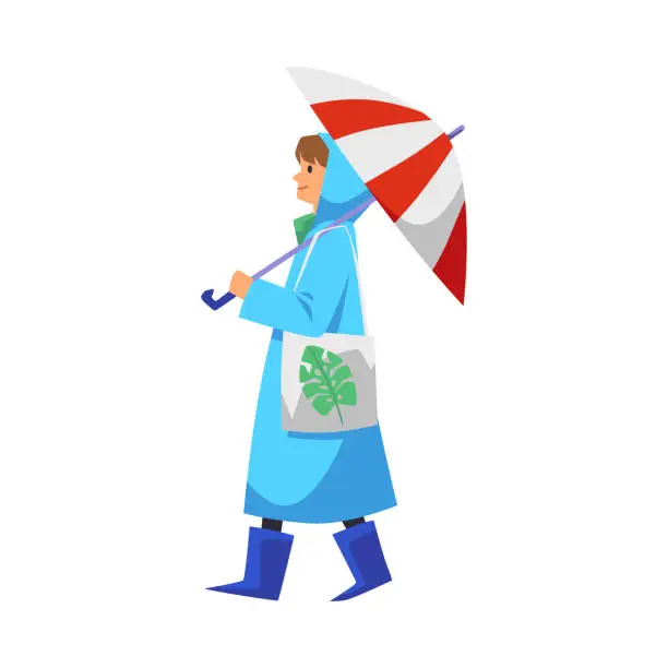 Vector illustration of Smiling woman in raincoat and rubber boots goes under striped umbrella flat style