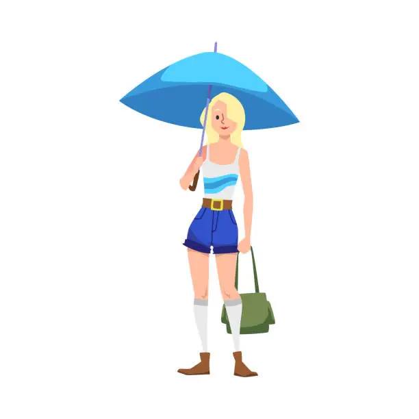 Vector illustration of Smiling blonde woman standing under blue umbrella flat style