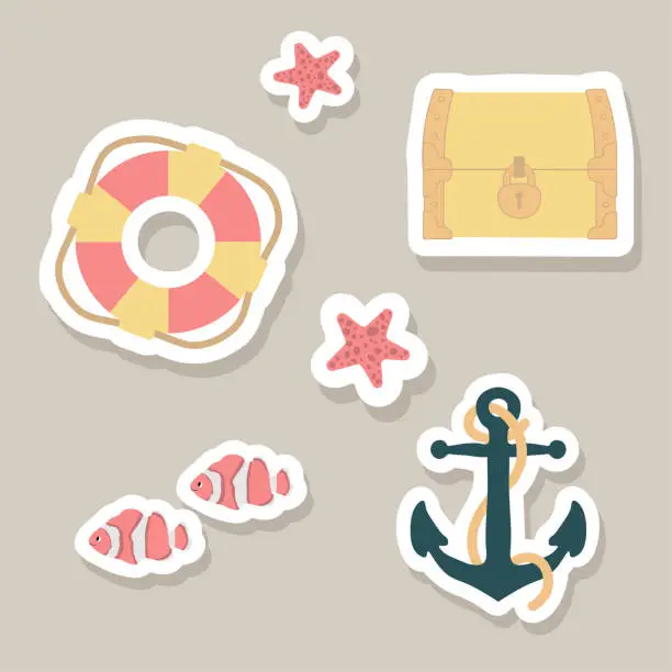 Vector illustration of Cute vector stickers set with lifebuoy, treasure chest, clown fish,anchor,starfish.Underwater marine animals.Cute ocean illustration for fabric,childrens clothing,book,postcard,wrapping paper
