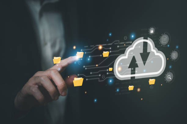 istock Business person migrate data and corporate information into cloud technology for data security and back up as disaster recovery site and prevent for cyber crime. Data inventory for enterprise. 1567675613