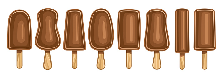 Vector set of  Milk Chocolate Popsicle, collection of 8 cut out illustrations covered choco ice creams, banner with group refreshing chocolate popsicles for kids with wood sticks on white background