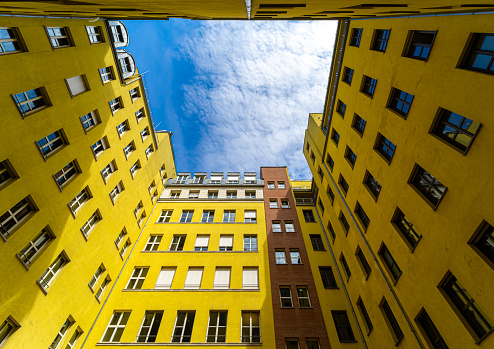 Low angle view of modern building against sky, Berlin Kreuzberg