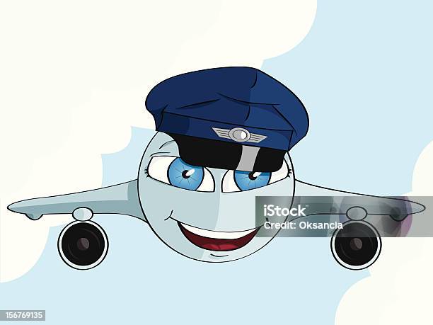 Cute Cartoon Airplane In A Pilot Hat Stock Illustration - Download Image Now - Air Vehicle, Airplane, Blue