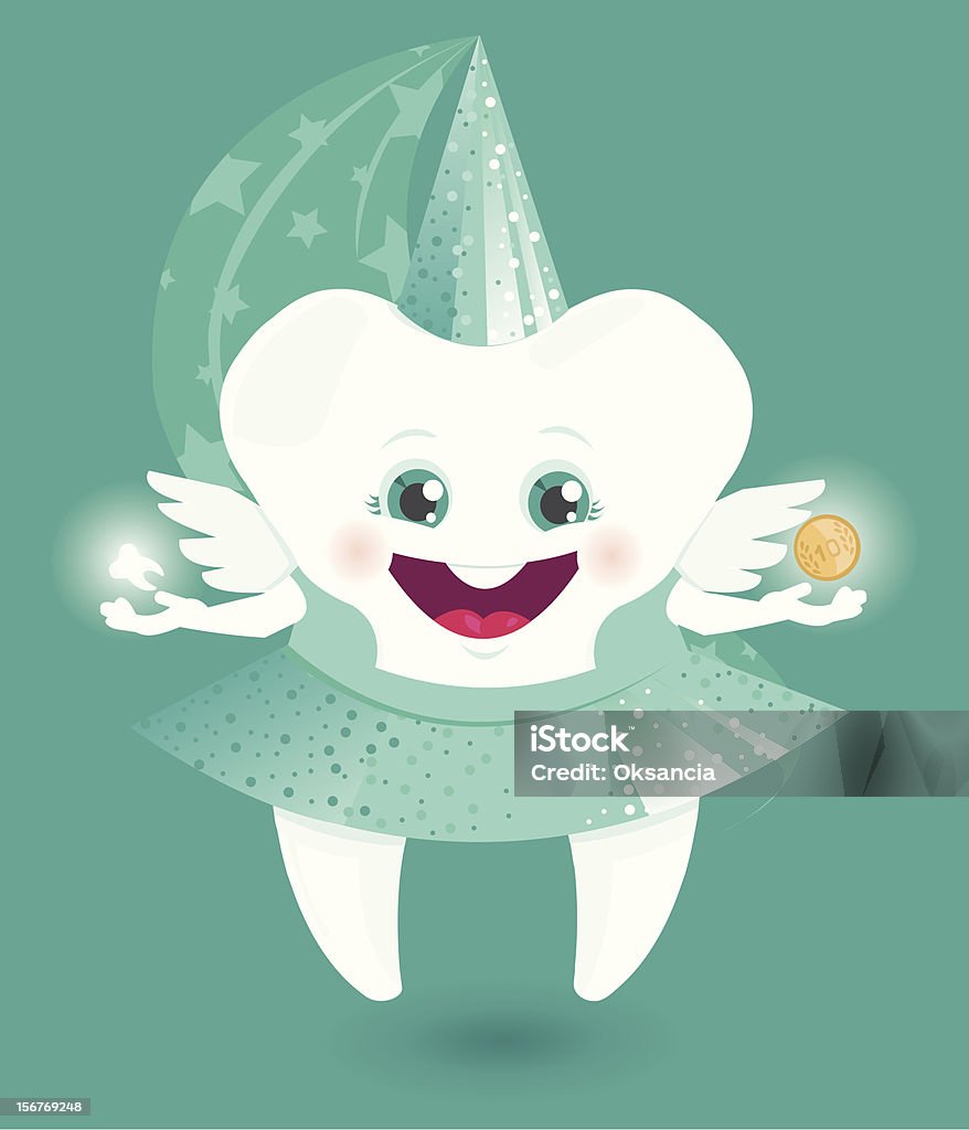 Tooth Fairy Vector  cute Tooth Fairy character trading the baby tooth for a coin.  Animal Body Part stock vector