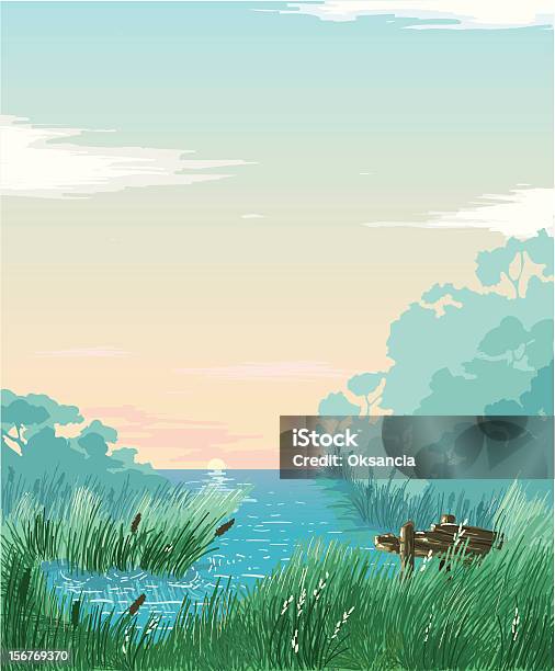 Sunset Over The Lake Пейзаж — стоковая векторная графика и другие изображения на тему Без людей - Без людей, Бухта, Векторная графика