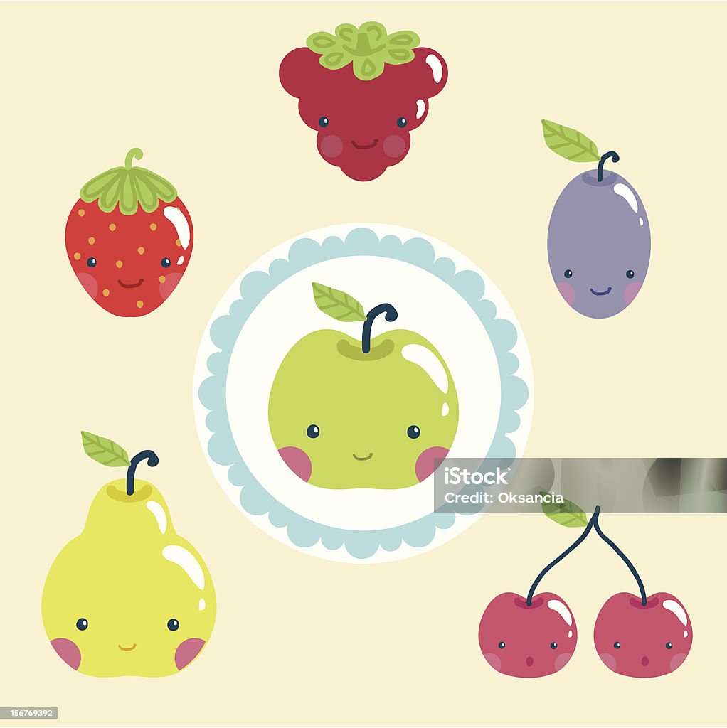 Happy fruit characters set A set of Vector  characters: happy and cute apple, pear, cherry, strawberry, plum and raspberry. Complete with a round homemade jam can label. Anthropomorphic Smiley Face stock vector
