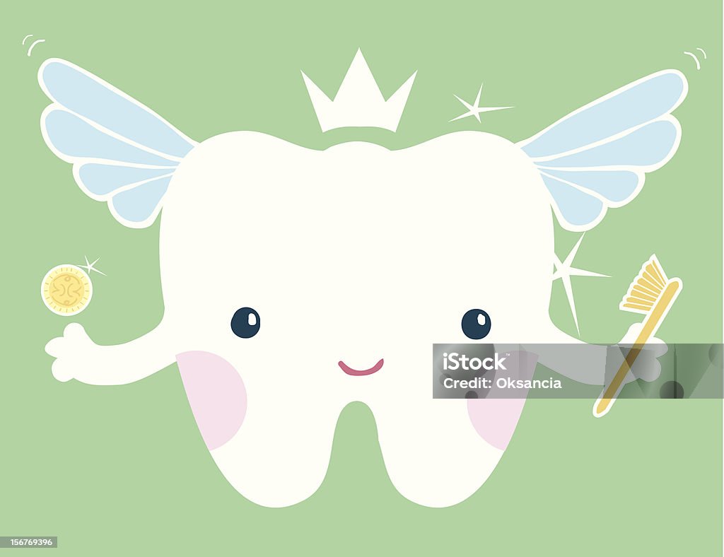 Tooth Fairy Vector  character of a cute tooth fairy with wings, crown, coin and a magic toothbrush :) Tooth Fairy - Fictional Character stock vector