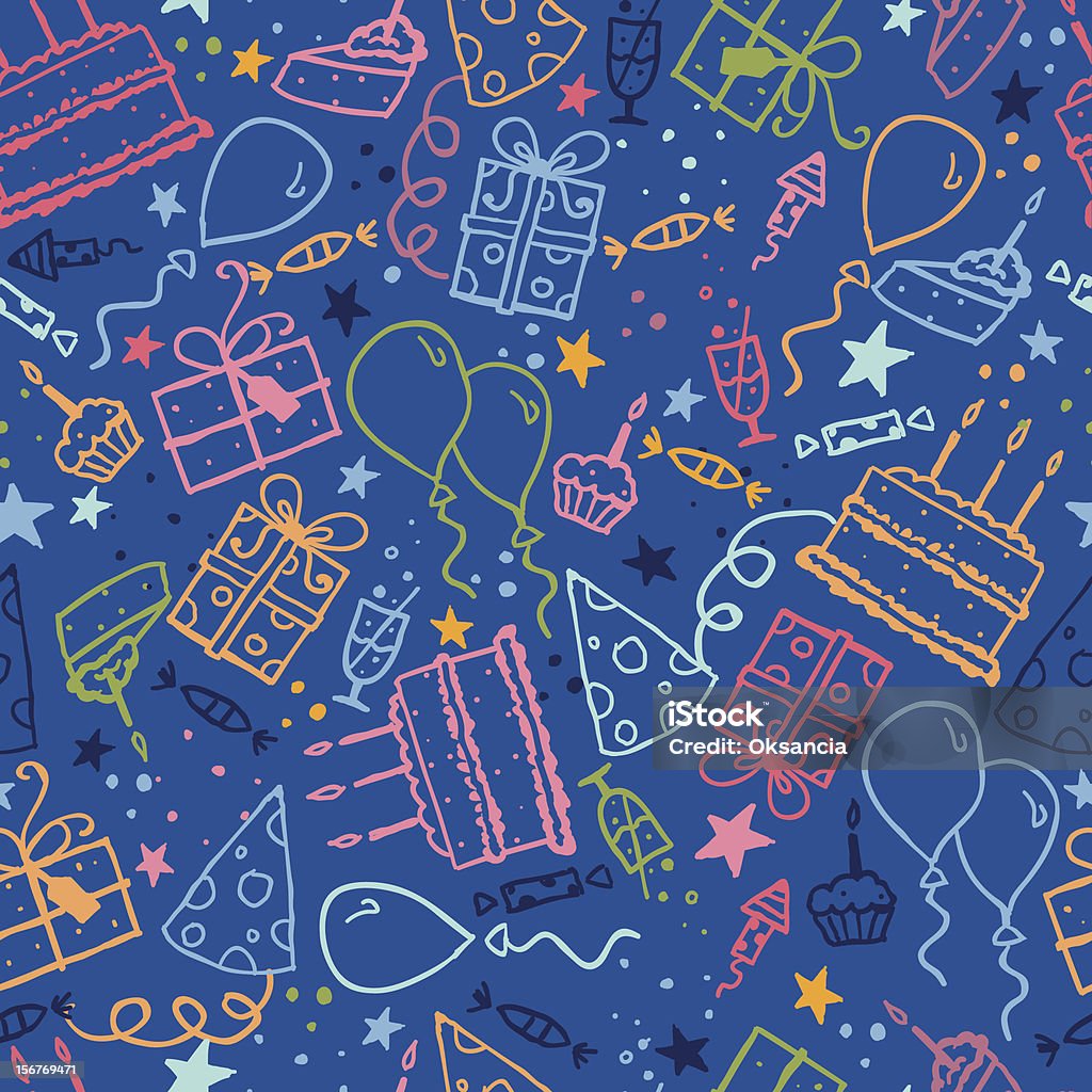 Blue birthday party seamless pattern Vector  seamless pattern on a dark blue background with colorful hand drawn birthday party elements: birthday cake, balloons, candles, gifts, drinks, candy. Art stock vector