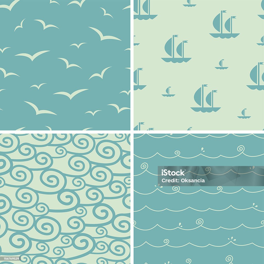 Sea Seamless Patterns Set Set of four seamless patterns about sea and water elements with sea themed icons and symbols:  curly waves, water drops, seagulls and boats icons. Ai CS2, PDF, big JPEG and EPS8 files are included. Look for matching patterns and borders in my portfolio. Animal Markings stock vector
