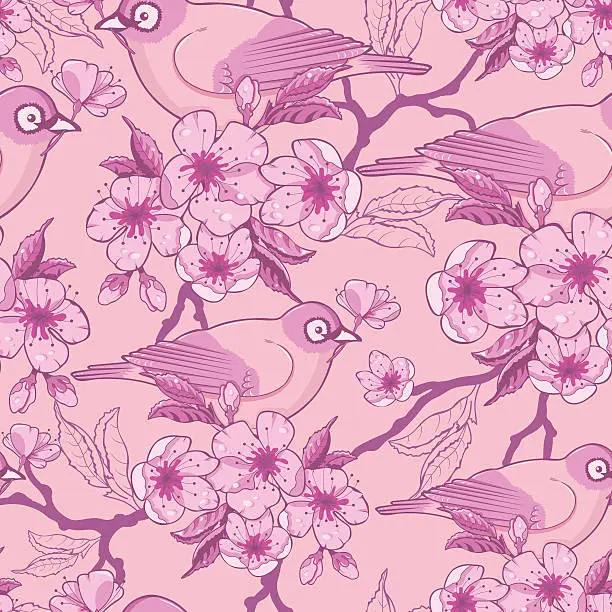 Vector illustration of Birds on sakura tree seamless pattern