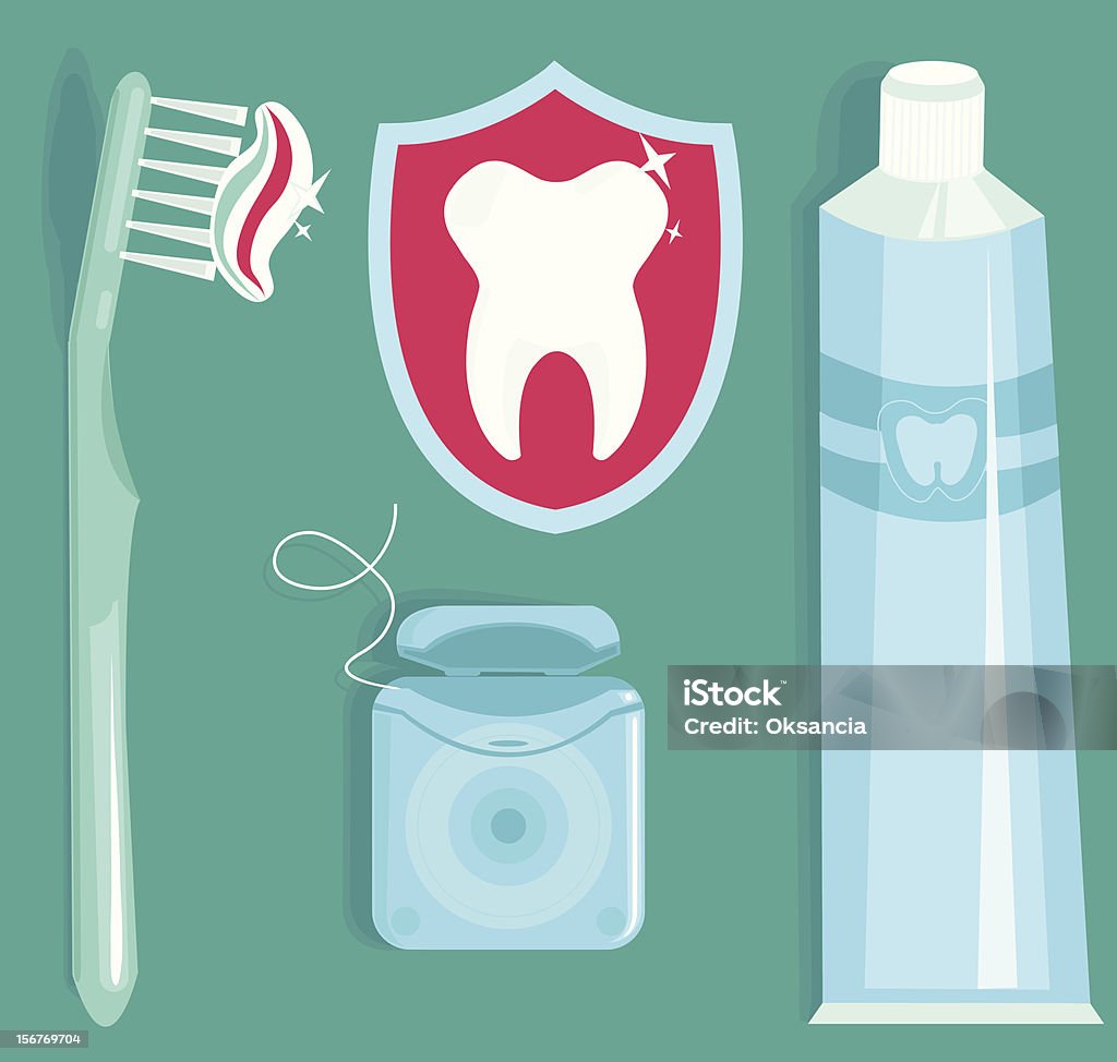Oral hygiene set Set of Vector  oral hygiene objects: tooth inside the shield, toothbrush, toothpaste tube and dental floss. Ai CS2, PDF, big JPEG and EPS8 files are included. Blue stock vector
