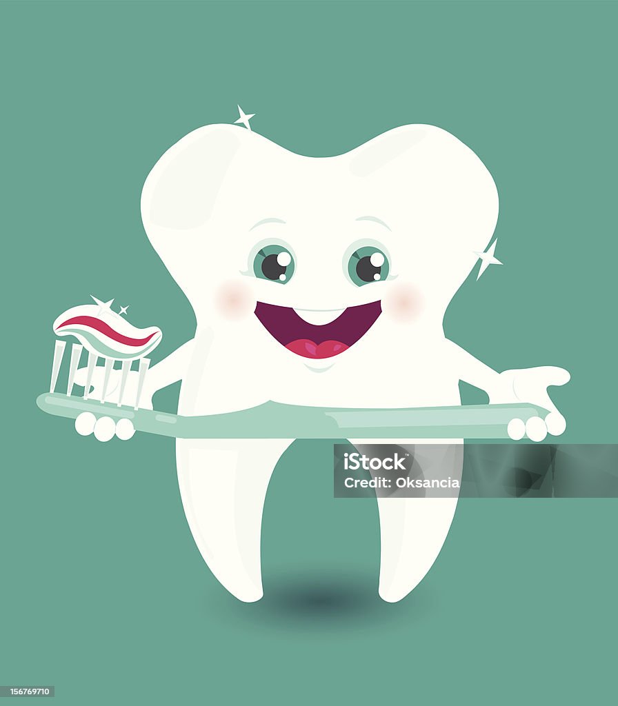 Diente feliz con dientes con cepillo de dientes - arte vectorial de Agarrar libre de derechos