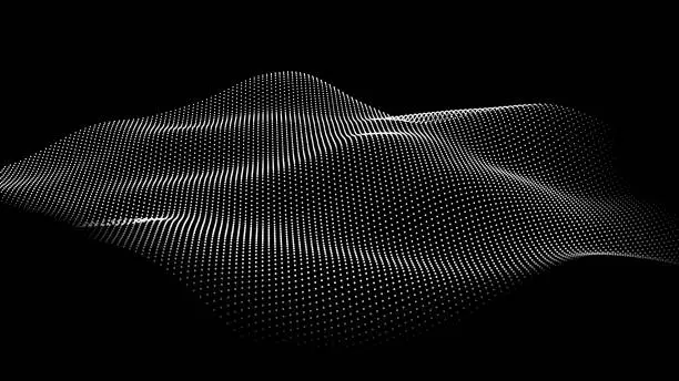 Vector illustration of Wave of flowing particles on a dark background. Abstract backdrop with dynamic elements of waves and dots. Vector