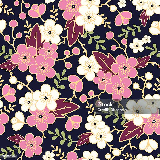 Seamless Pattern Di Notte Sakura Giardino - Immagini vettoriali stock e altre immagini di Albero - Albero, Arte, Arti e mestieri