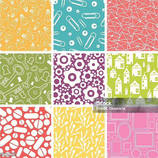 Nine Household Objects Seamless Patterns Set Stock Illustration ...