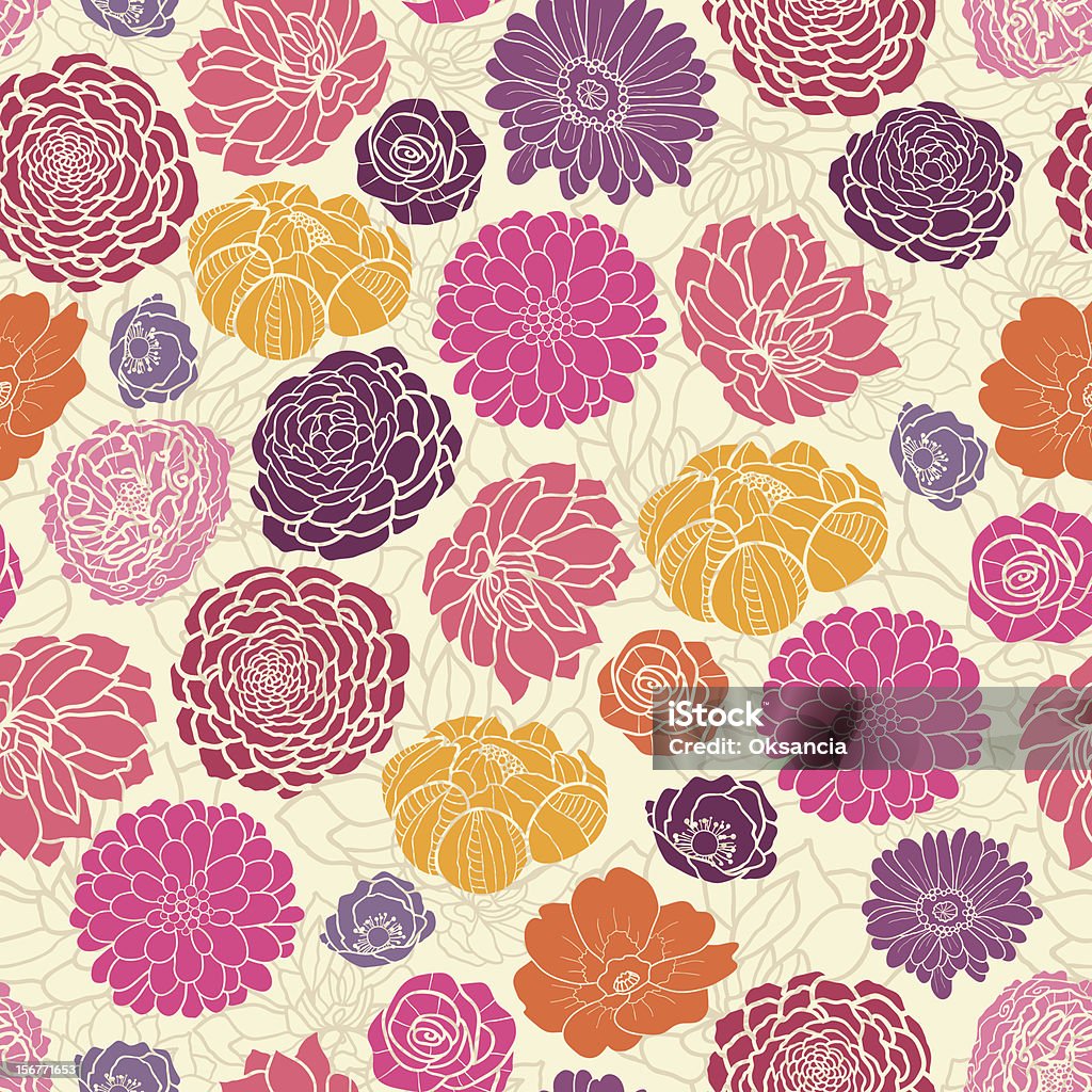 Vibrant Flowers Seamless Pattern Background Vector  seamless pattern background with hand drawn vibrant ornate flowers and leaves on light beige background.  Orange Color stock vector