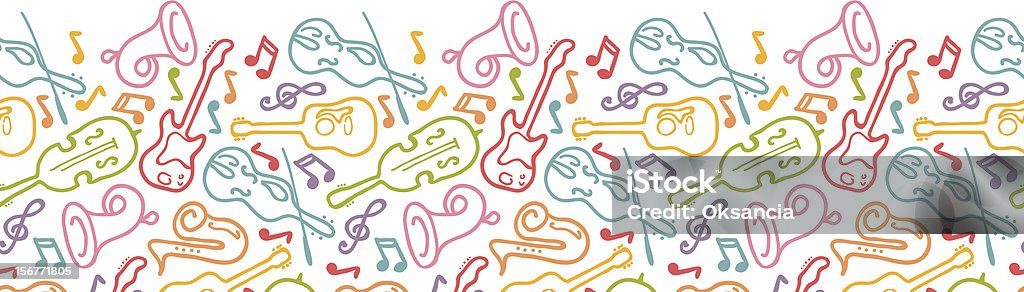 Musical Instruments Seamless Horizontal Ornament Vector Horizontal seamless pattern with hand drawn decorative musical instruments and symbols.  Ai CS2, PDF, big JPEG and EPS8 files are included. Perfect for party! Music stock vector