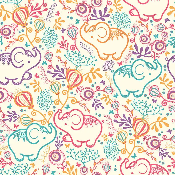 Vector illustration of Elephants Among Flowers Seamless Pattern