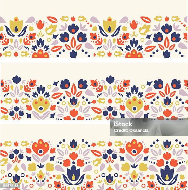 3 つの民族ホライゾンタルシームレスな花のオーナメントセット - イラストレーションのベクターアート素材や画像を多数ご用意 - イラストレーション, オレンジ色, カラフル
