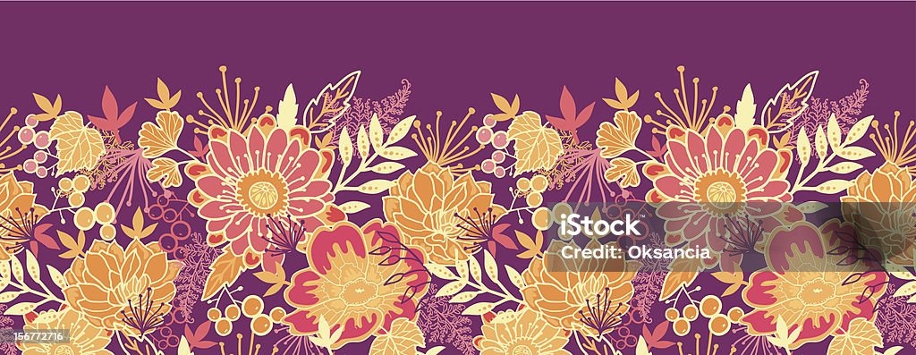 Warm Garden Horizontal Seamless Pattern Ornament Vector Horizontal seamless pattern border with hand drawn ornate garden flowers and leaves in yellow, red and purple. Look for matching patterns and borders in my portfolio.  Autumn stock vector