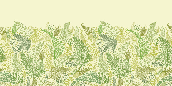 Vector Horizontal seamless pattern border with hand drawn ornate fern plants in the shades of green.