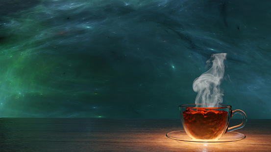 Tea and its white steam in a glass cup on a wooden table with blue green nebula in background (3D Rendering)