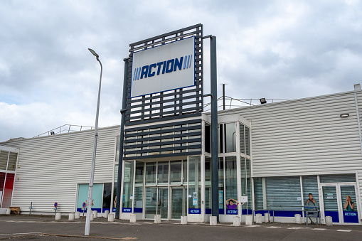 Chartres, France - July 23, 2023: Exterior view of an Action store. Action is a chain of hard-discount supermarkets created in the Netherlands in 1993 specialized in retailing non-food products