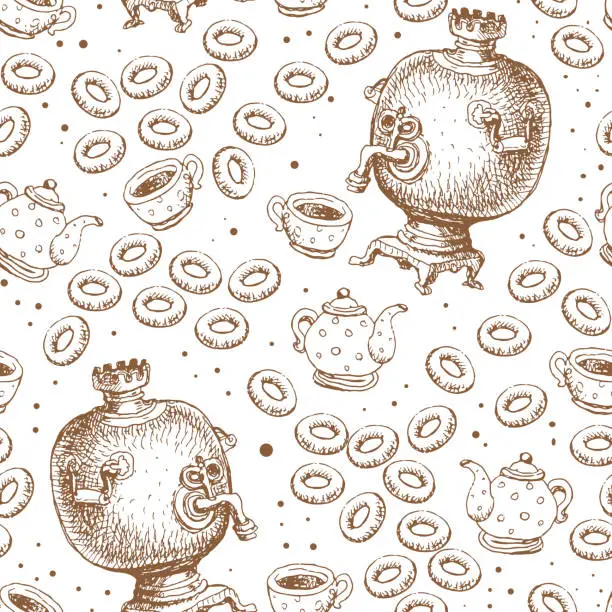 Vector illustration of Vector seamless pattern from hand drawn Russian big water heater samovar with caps of tea, teapot and bagels. Brown hatched monochrome sketch