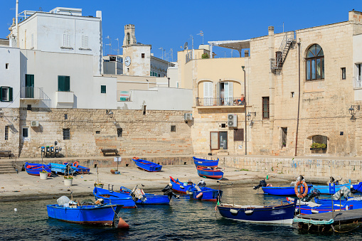 Monopoli fishing boats in harbor, Italian town in Puglia
