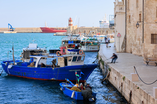 Monopoli fishing boats in harbor, Italian town in Puglia