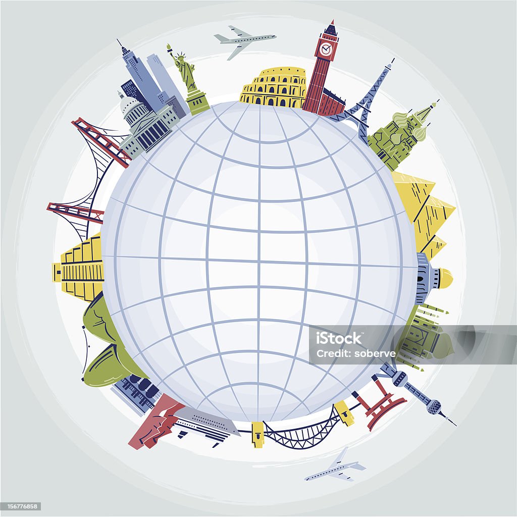 Landmarks around the World A set of famous landmarks on a sketchy style around the globe. Globe - Navigational Equipment stock vector