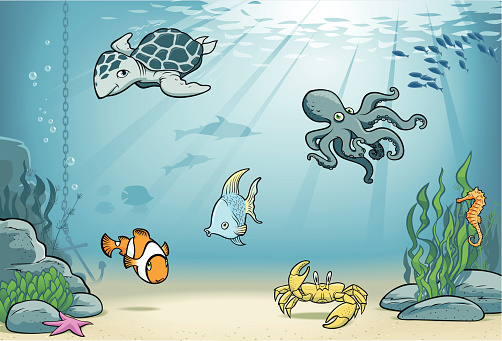 Happy cartoon sea creatures on a colorful underwater setting. Blends were used.