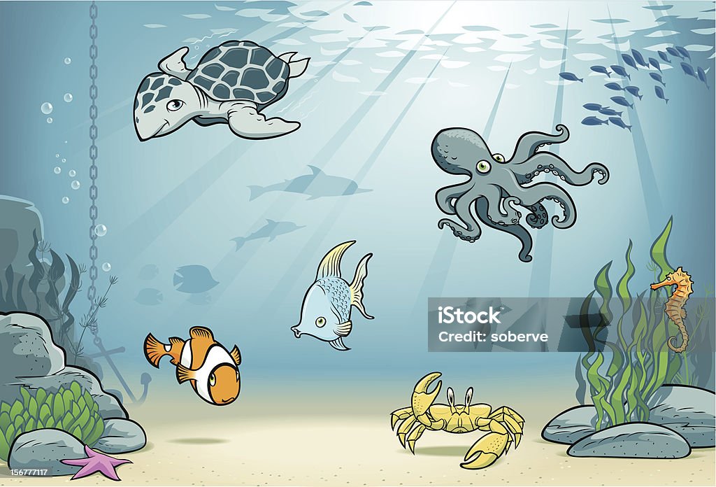 Under the sea Happy cartoon sea creatures on a colorful underwater setting. Blends were used. Underwater stock vector