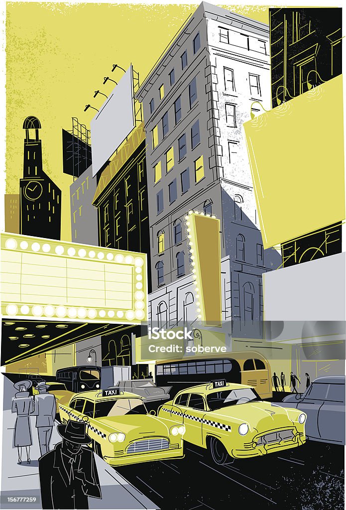 Vintage Broadway Theater district on the late 1950's. Lively street scene with plenty of copy space on billboards and marquees. Limited palette, no gradients. Broadway - Manhattan stock vector