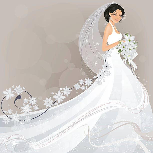 Bride with Flower Design Pretty bride in long flowing wedding dress with flowers and lots of copy space. bride illustrations stock illustrations