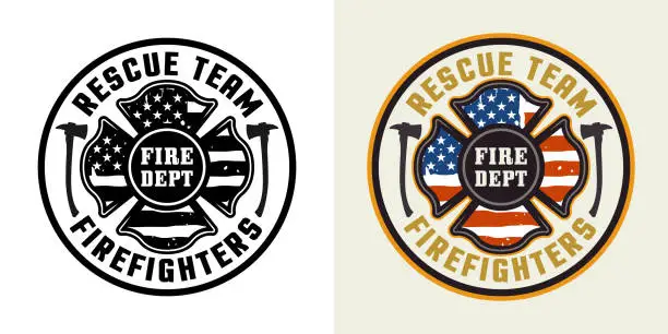 Vector illustration of Firefighters vector round emblem, logo, badge or label design illustration in two styles black on white and colored