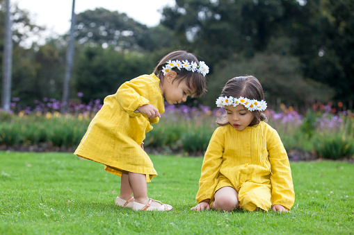 Beautiful small sisters dressed in yellow playing and having fun outdoors. Happiness concept. Family concept